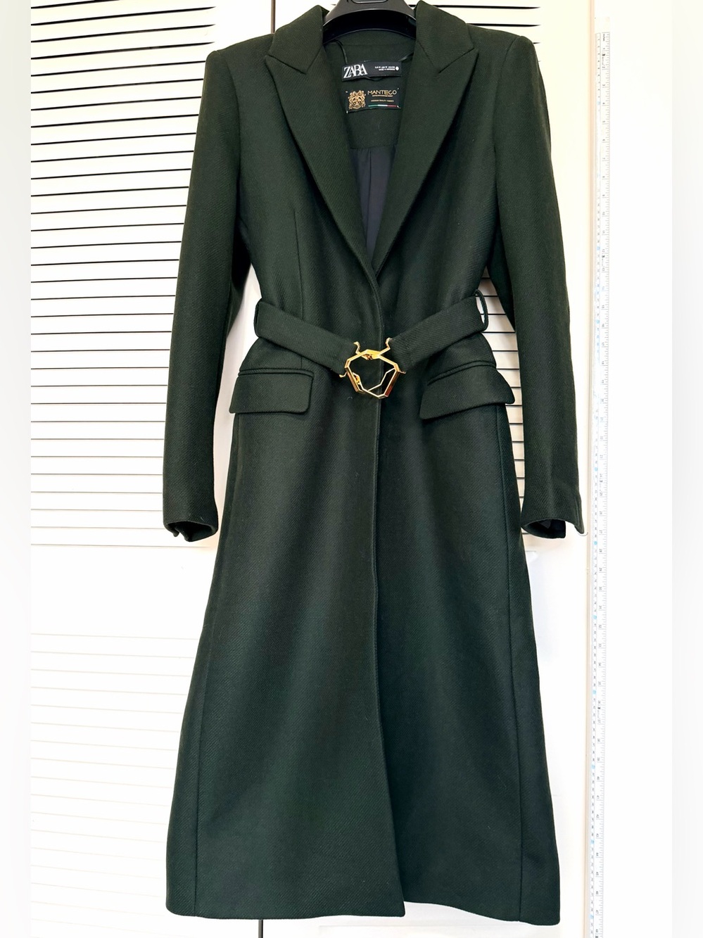 ZARA Dark Green Long Belted Trench Coat with Gold Buckle